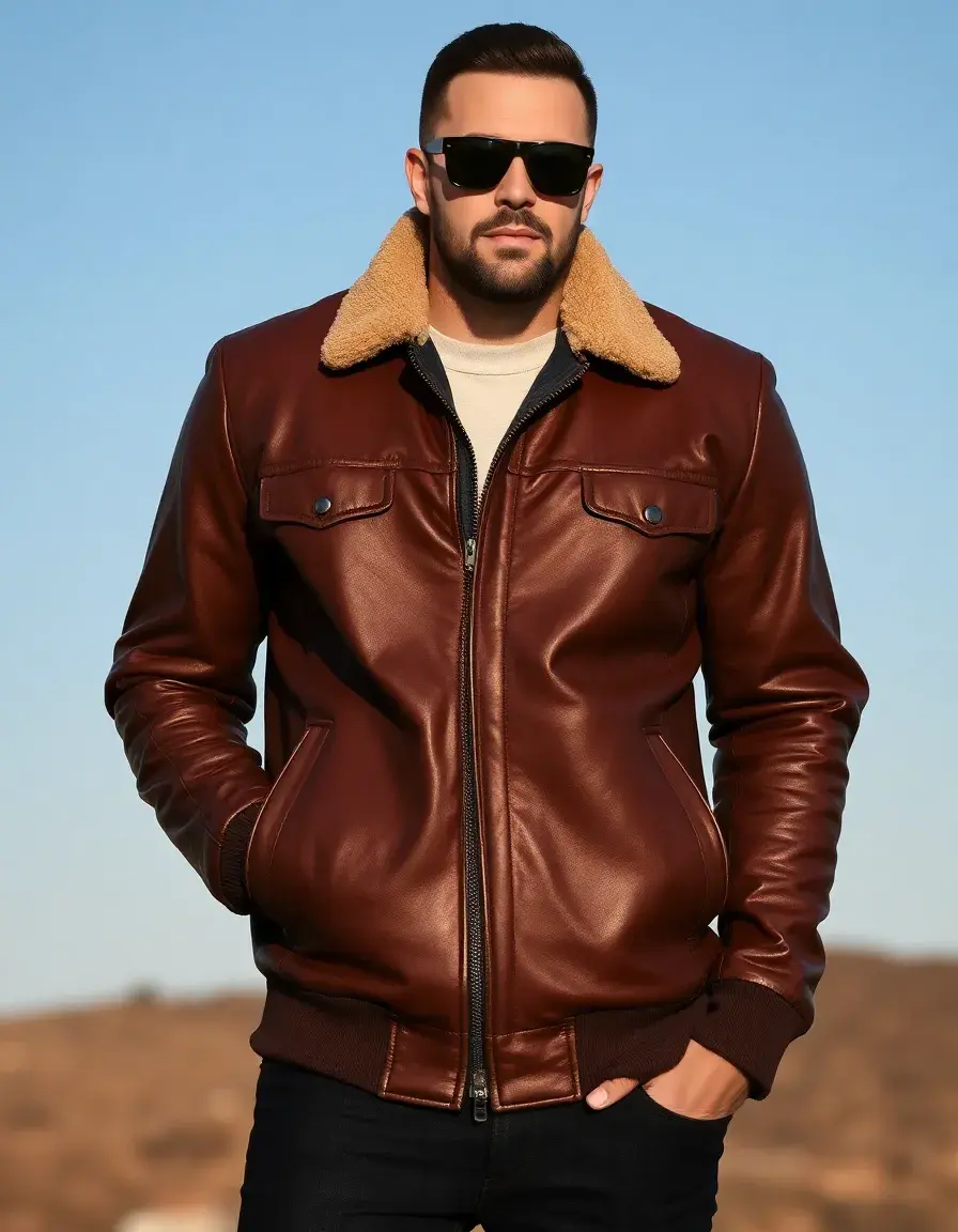 Brown Leather Bomber Jacket