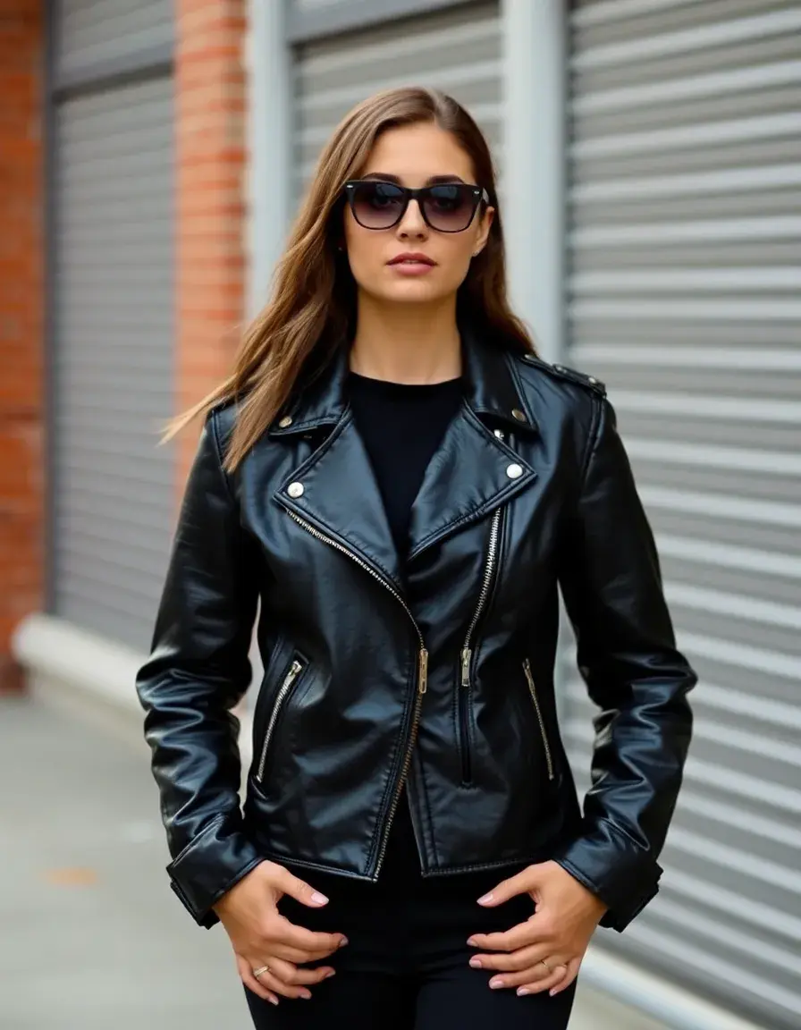 Close up of a classic black leather motorcycle jacket with heavy duty zippers