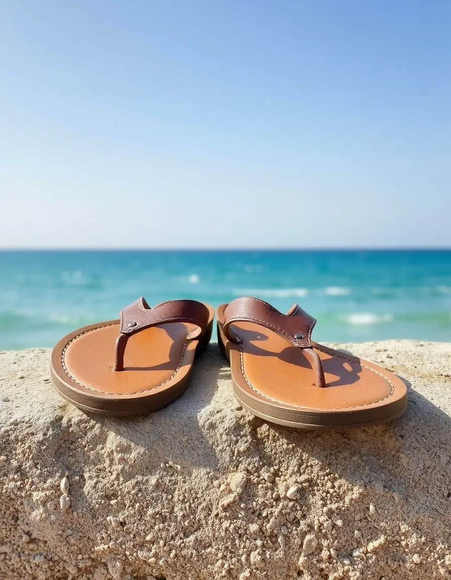 Brown leather flip-flop sandals on a sandy background