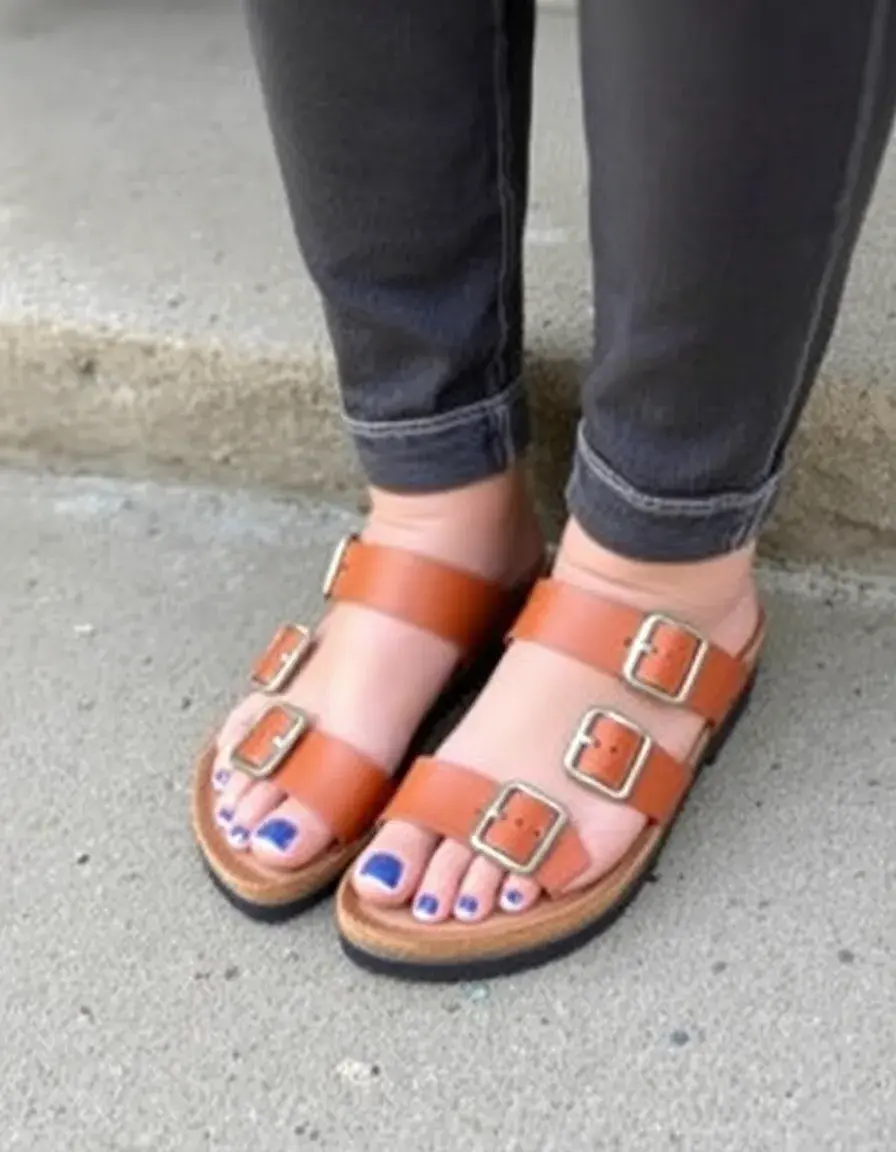 Ergonomic Birkenstock style leather sandals with cork sole