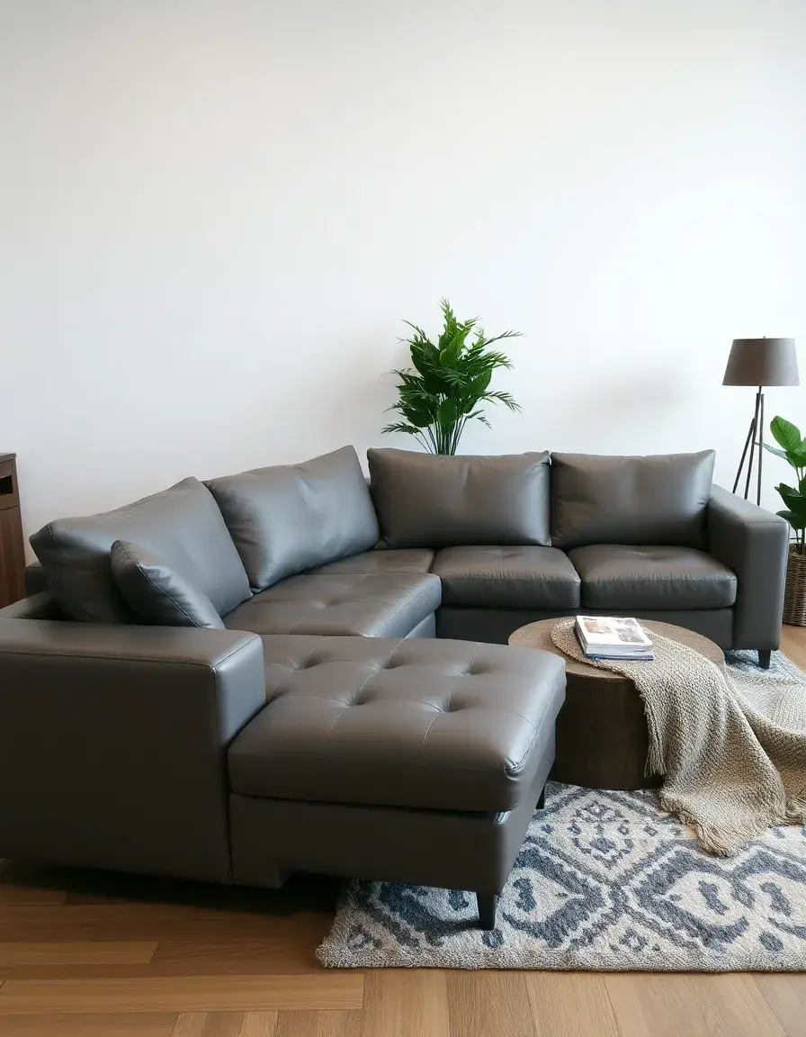 Gray leather sectional couch in a bright living room