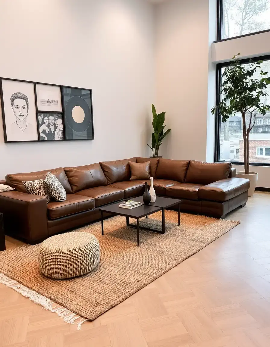Classic brown leather sectional couch