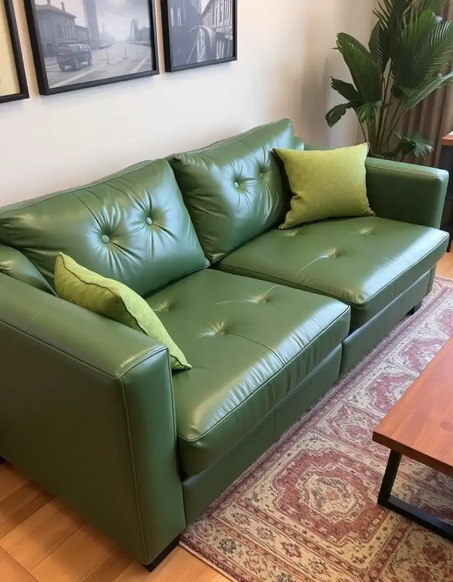 Deep green leather sectional couch