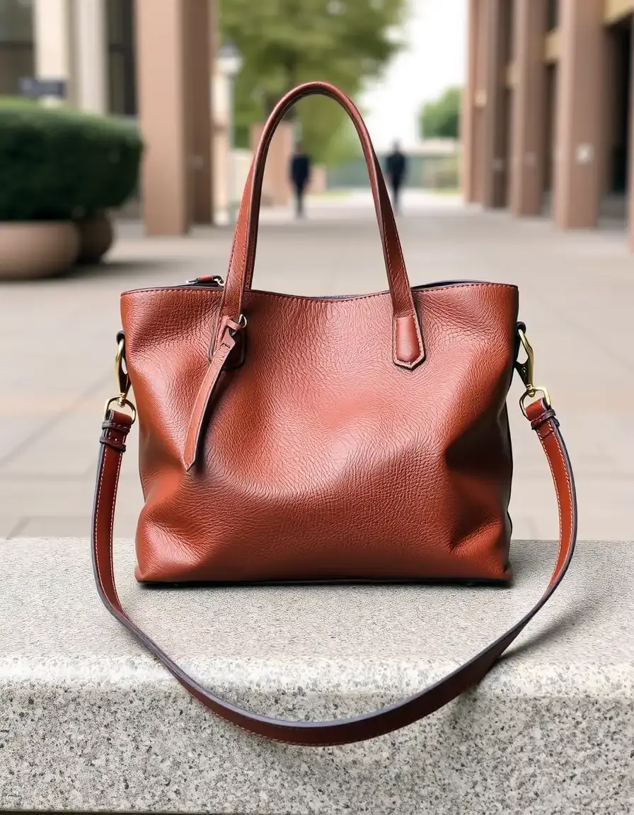 Tote style leather shoulder bag with spacious interior