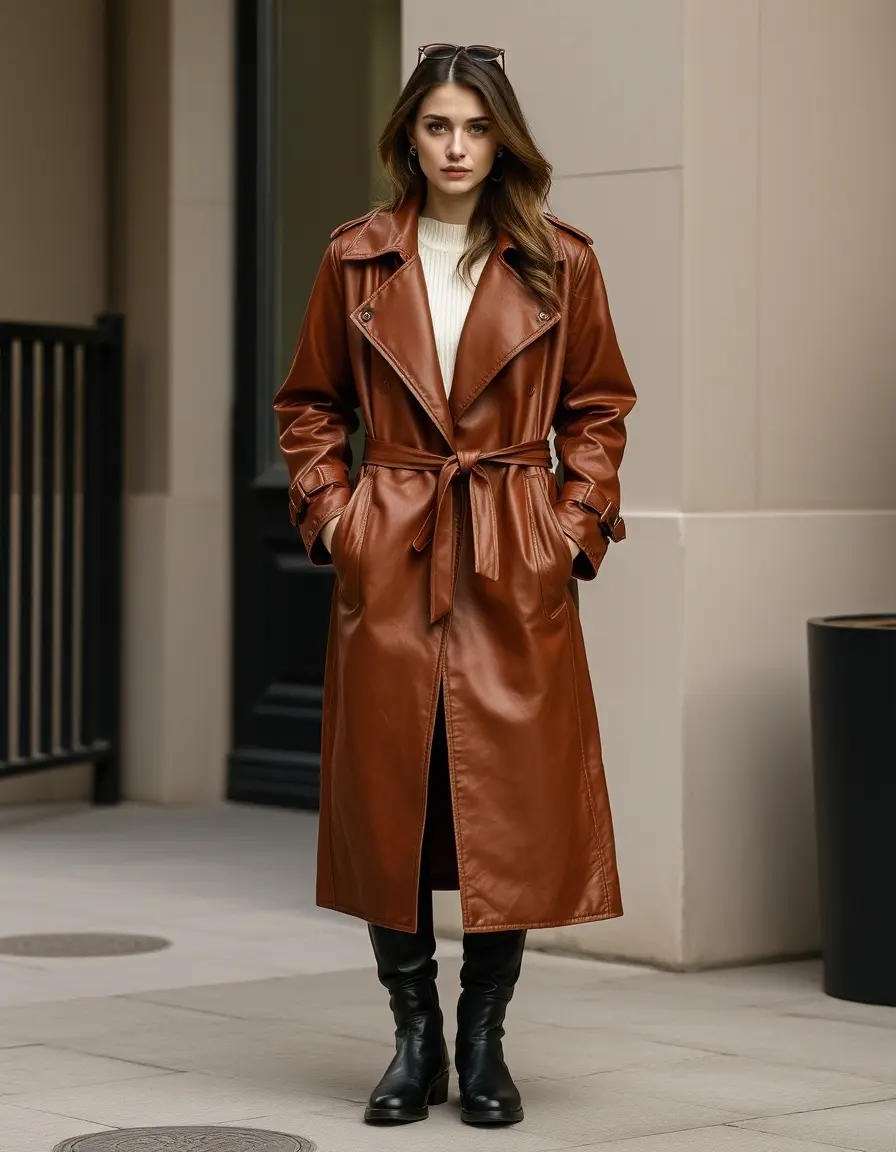Brown leather trench coat, long