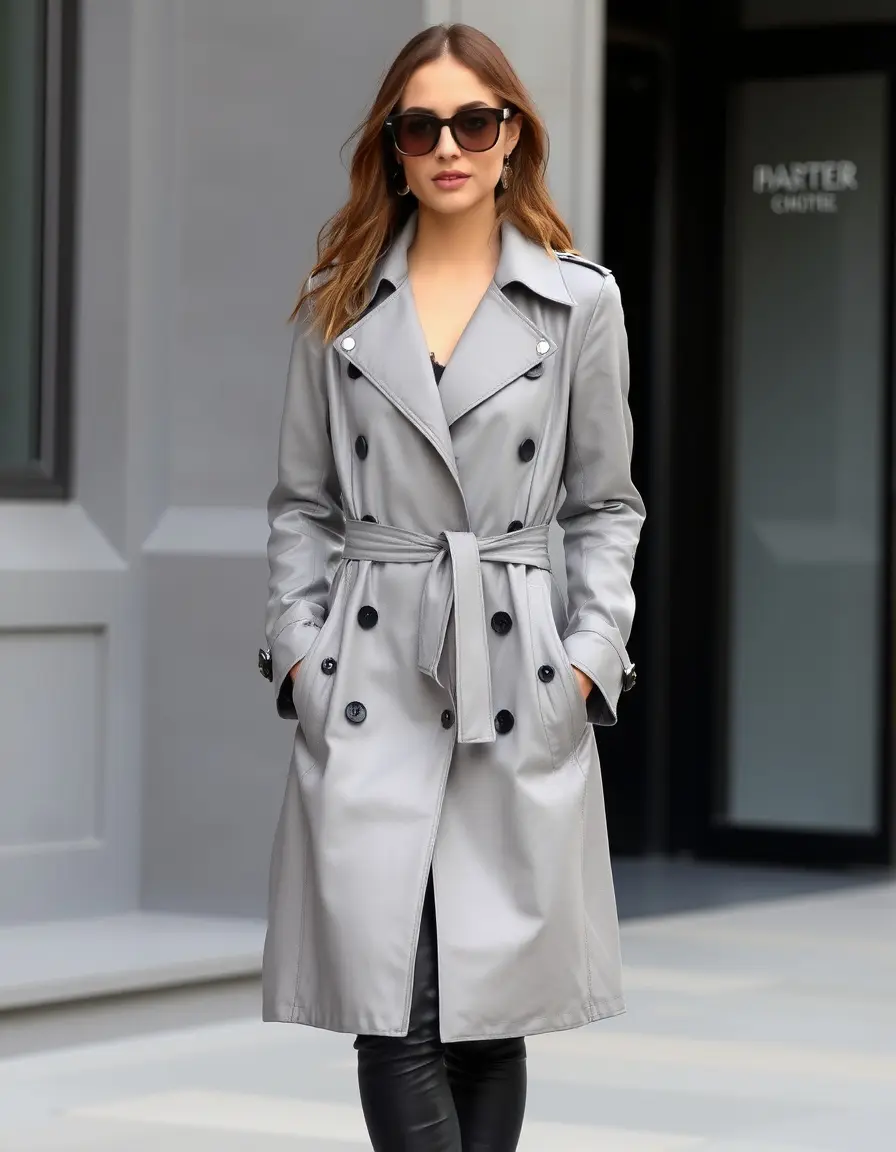 Gray leather trench coat, modern