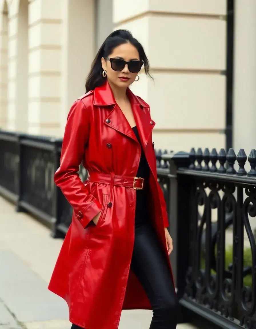 Red leather trench coat, statement
