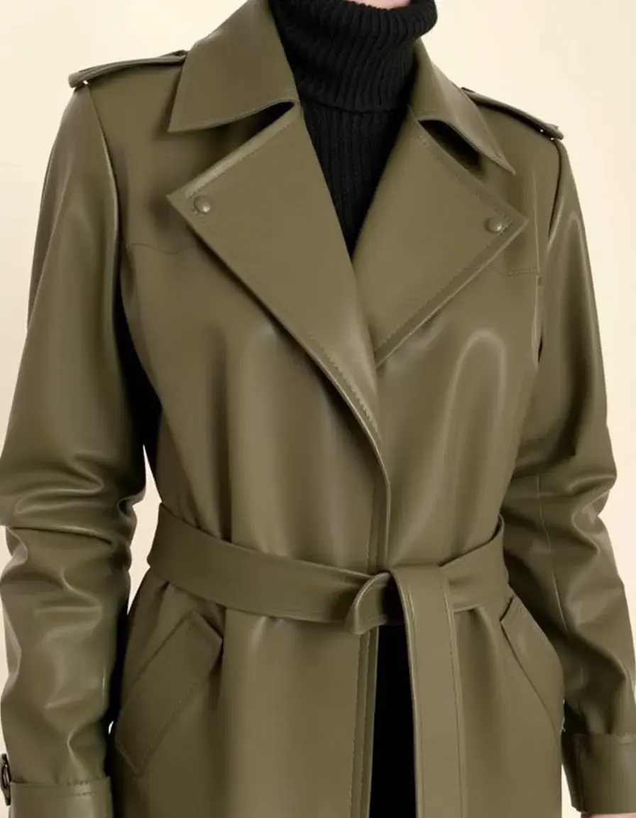 Green leather trench coat, olive