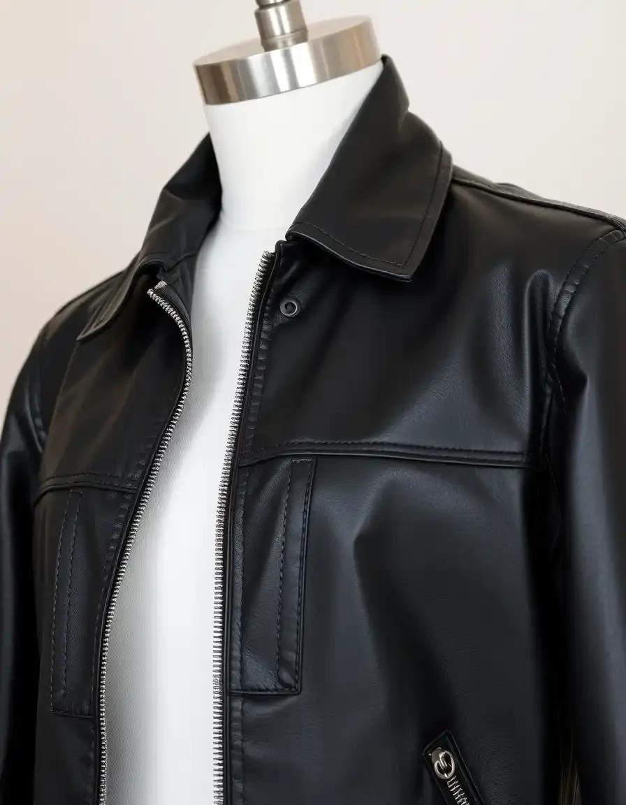 Classic black leather jacket showing high-quality texture and tailoring