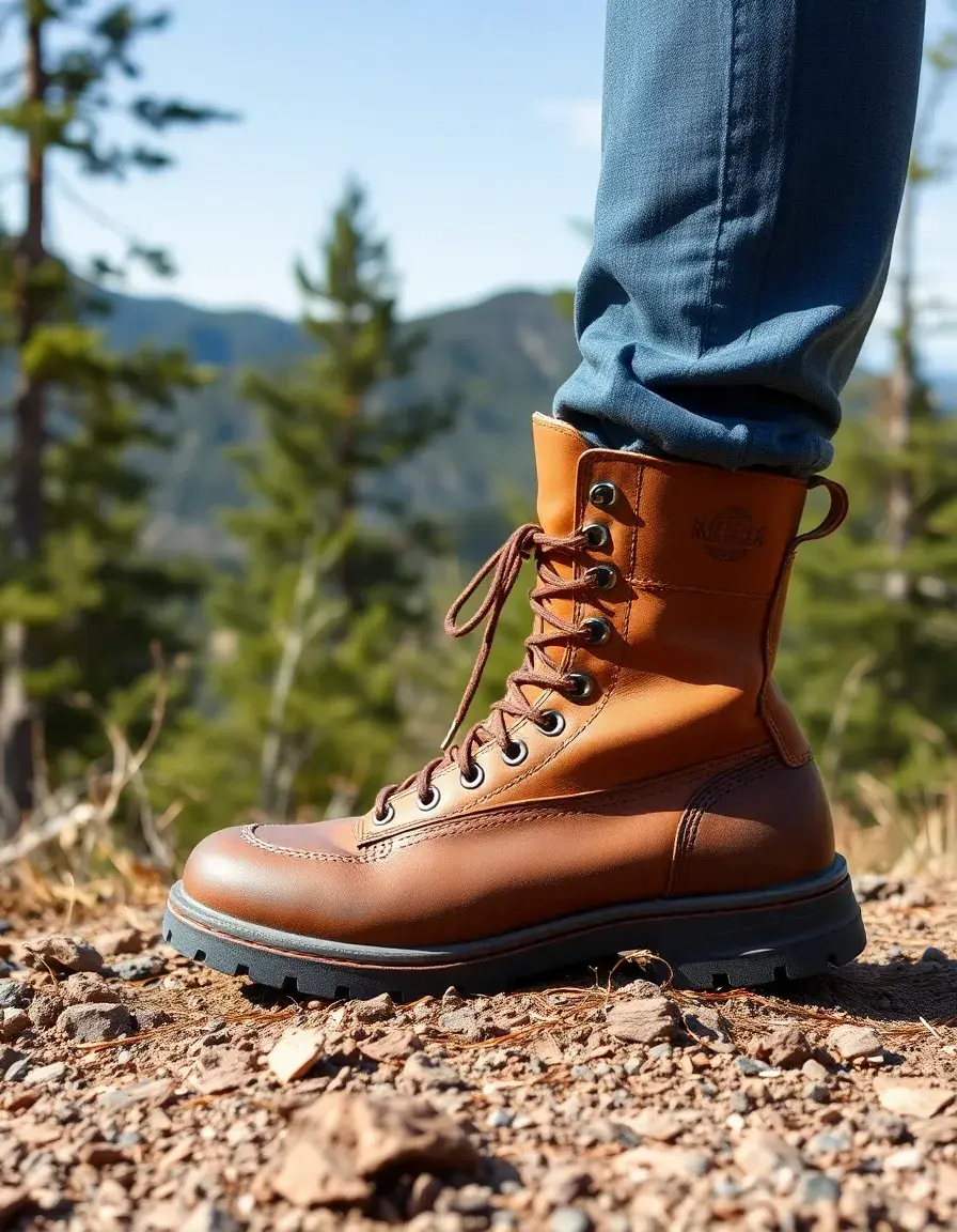 Rugged hiking leather boots with traction soles
