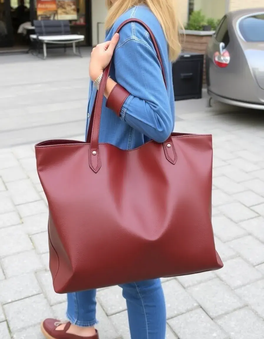 Large capacity leather tote bag in a rich tan color