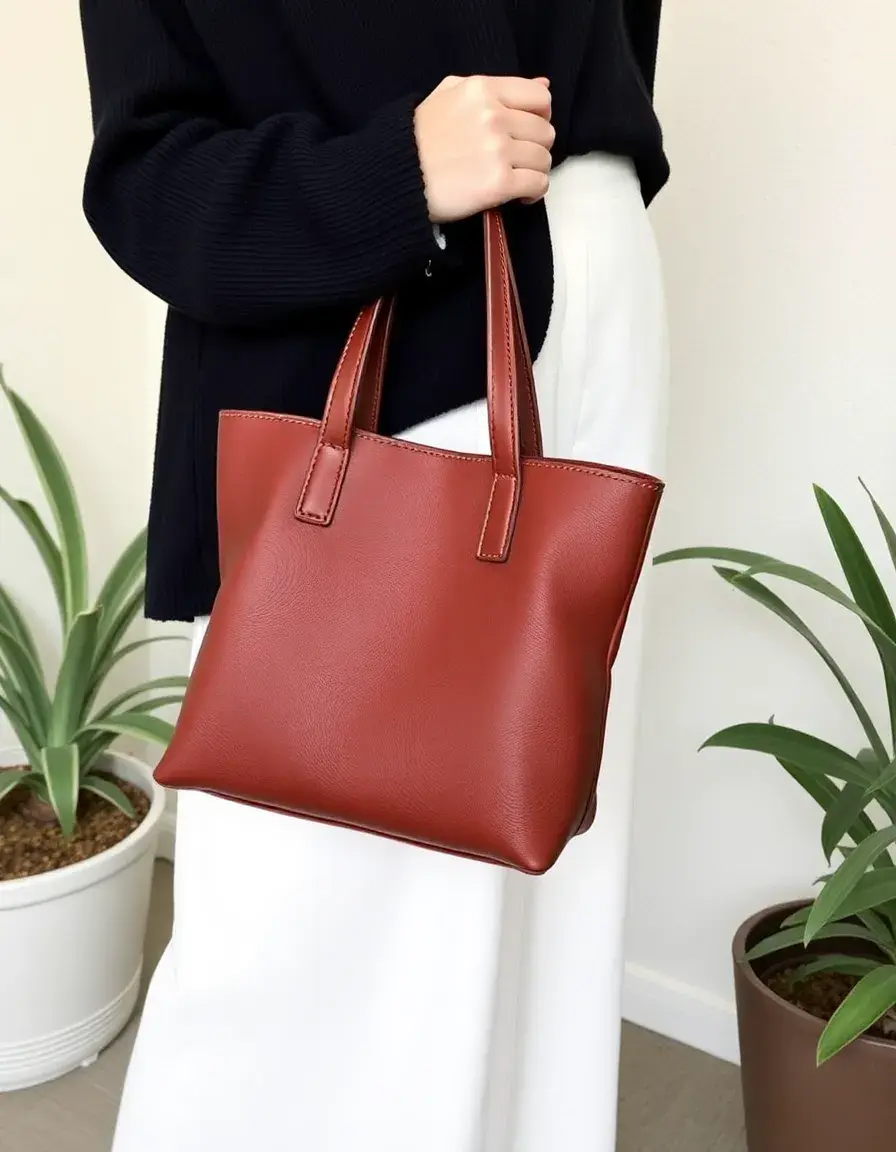 Small daily leather tote bag sitting on a cafe table