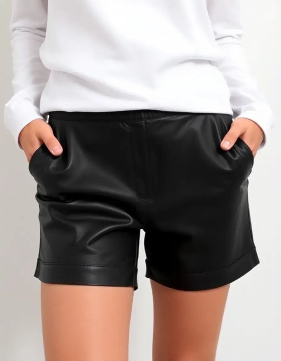 Bermuda length black leather shorts paired with a blazer