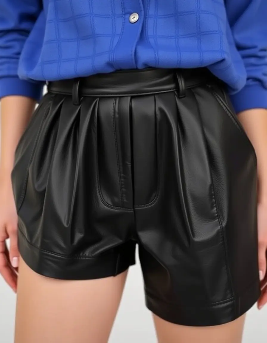 Pleated front black leather shorts in a soft finish