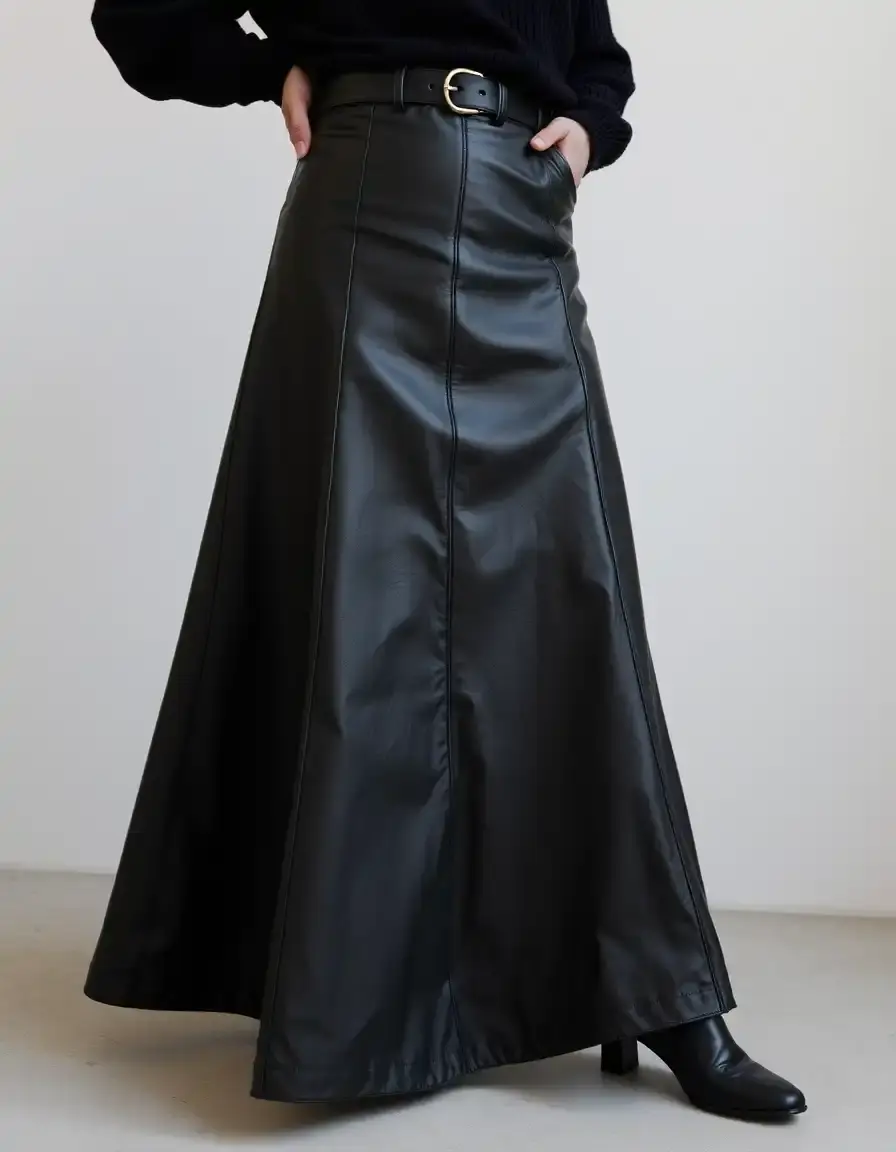 A-line flared black leather skirt