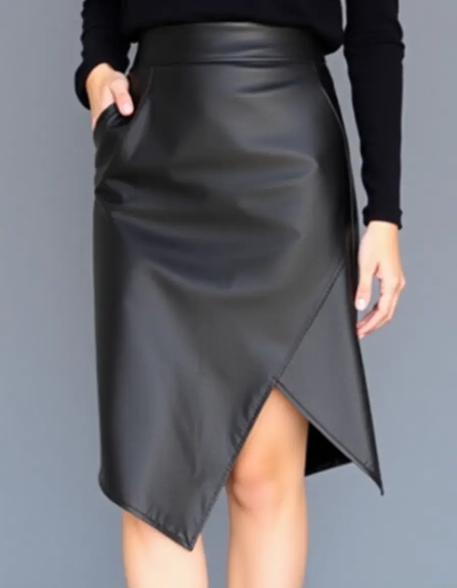 Asymmetrical hem black leather skirt