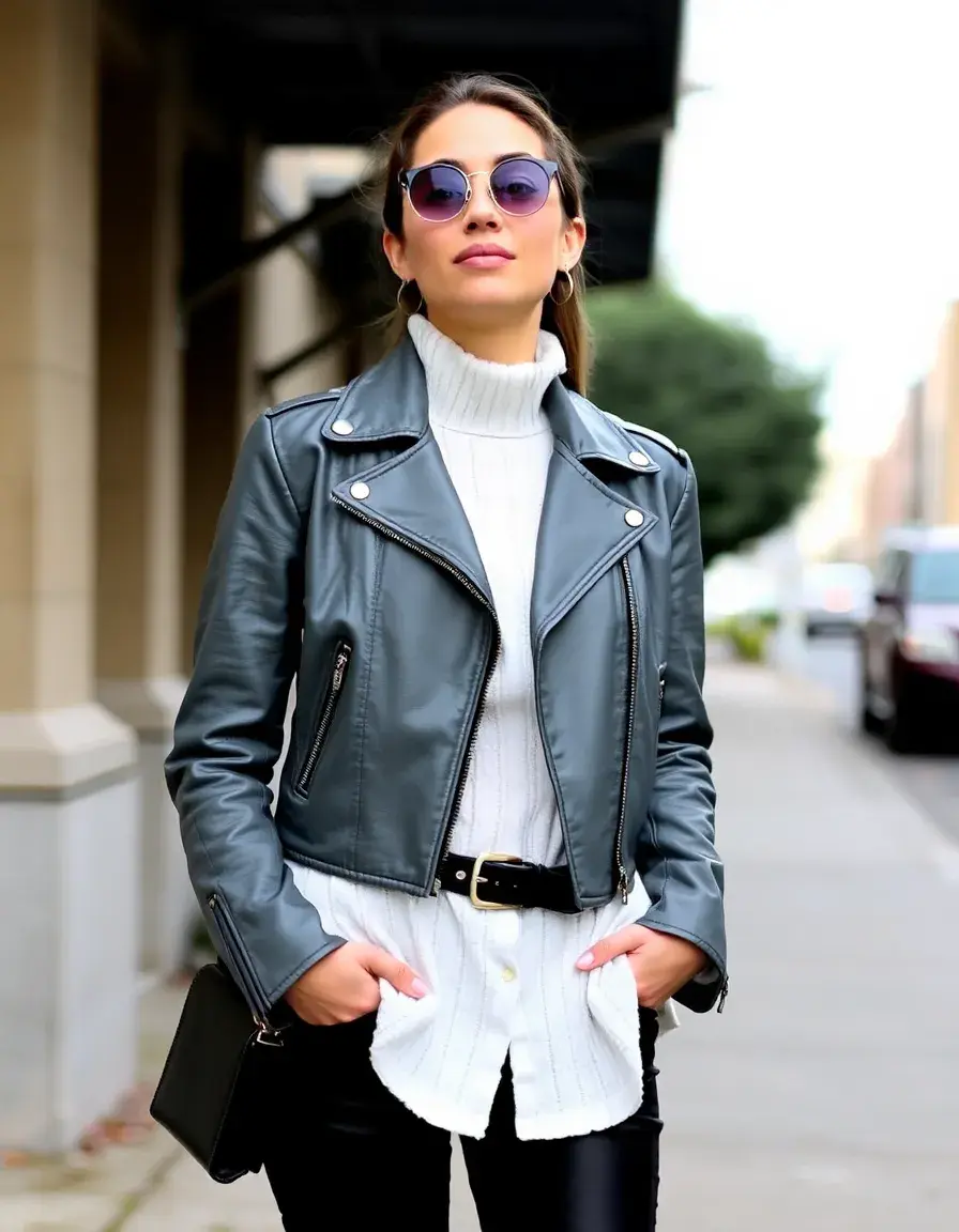 Gray cropped leather jacket sleek design