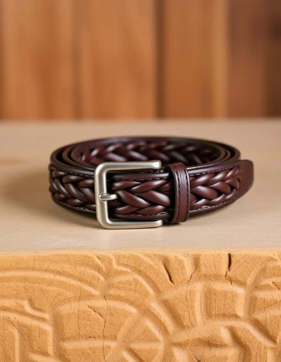 Braided brown leather belt