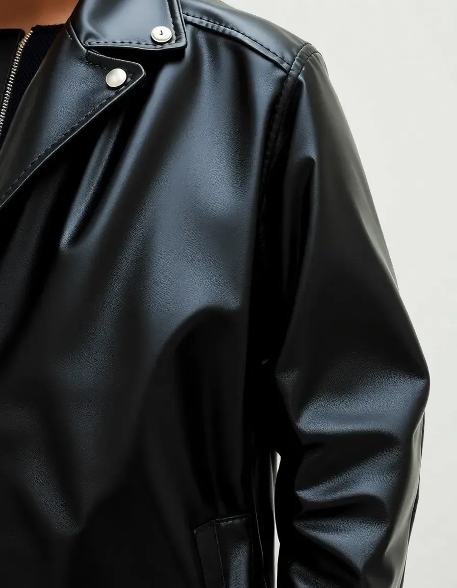 Shiny black leather jacket with a reflective, polished surface