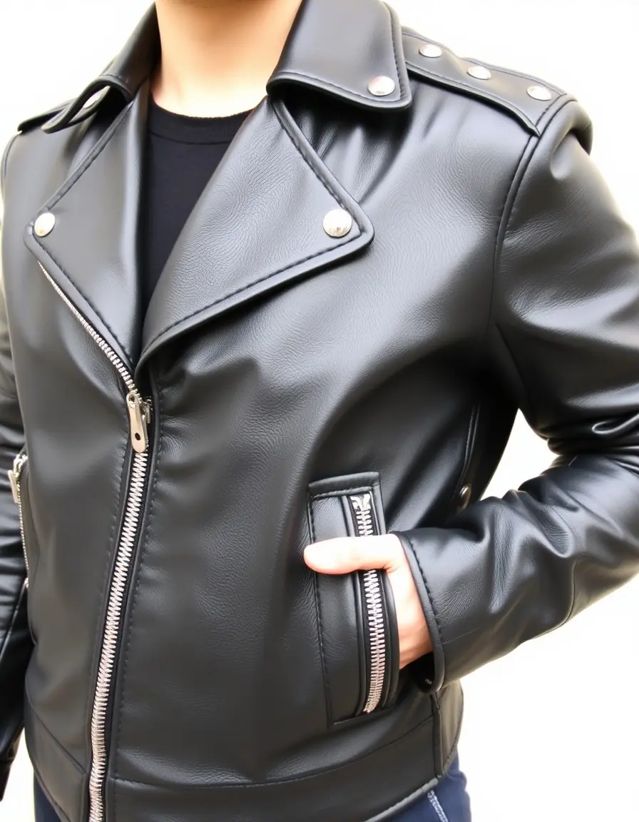 Classic black leather biker jacket with silver studs and hardware