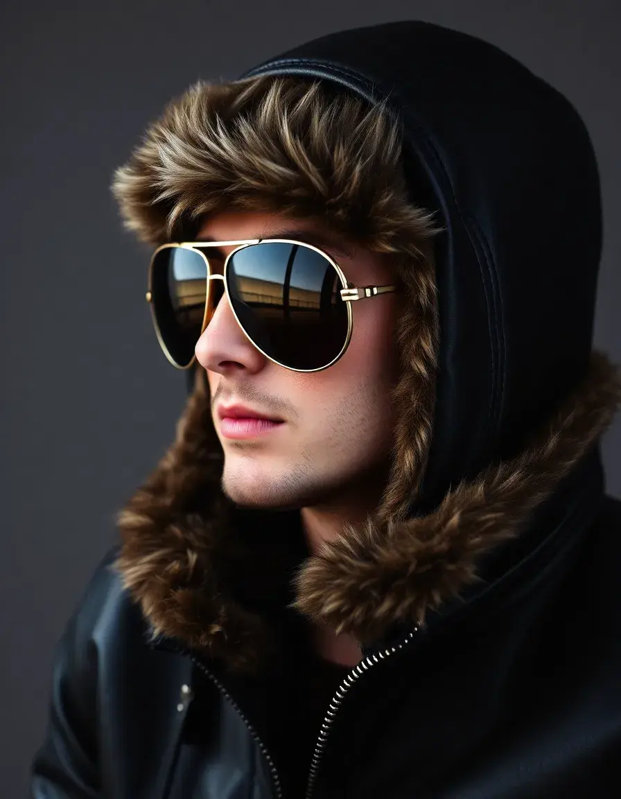 Heavy black leather aviator jacket with white shearling collar