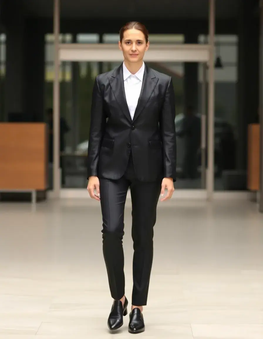 Sophisticated black leather blazer suitable for formal or office wear