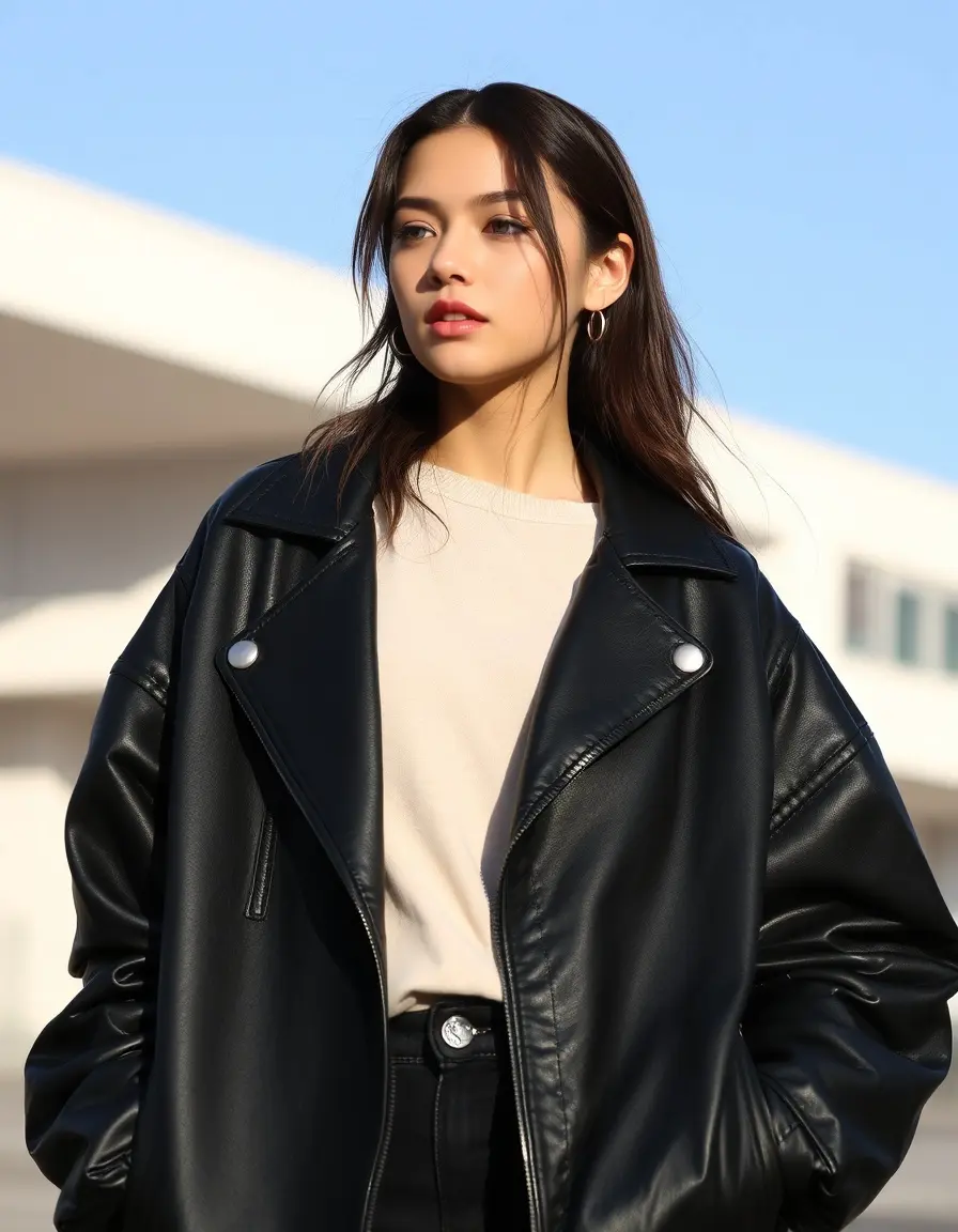 Oversized black leather jacket with a relaxed, loose fit
