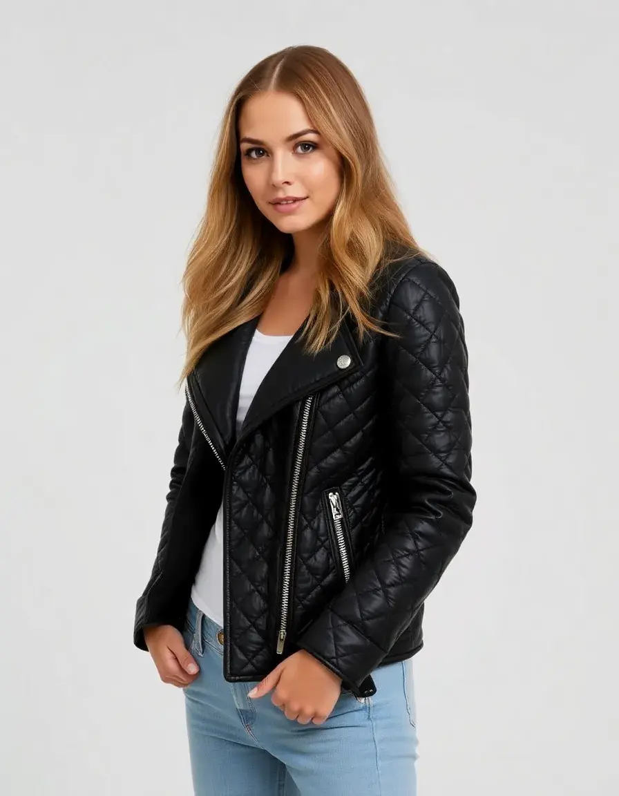 Quilted black leather jacket with padded shoulder details