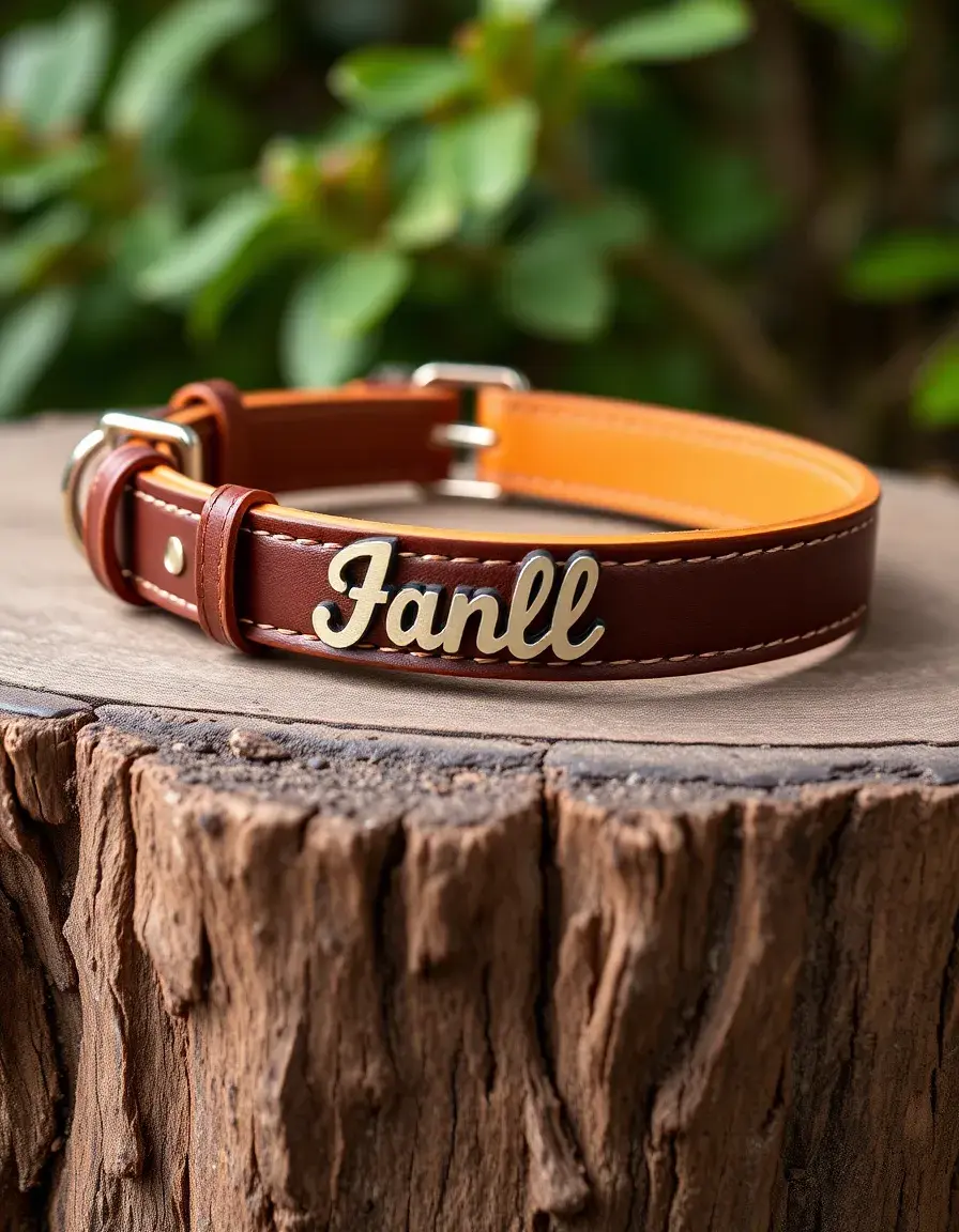 Personalized name leather dog collar with brass plate