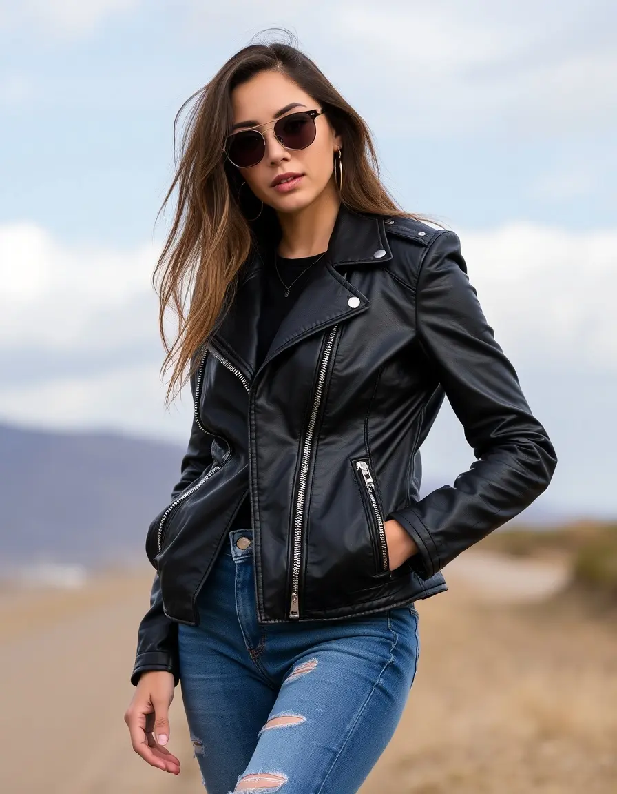 Classic Black Leather Moto Jacket with silver hardware