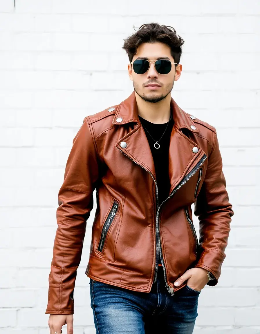 Brown moto leather jacket showing rugged texture