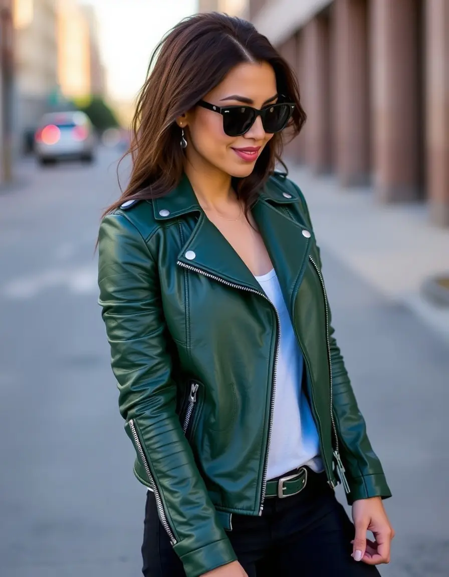 Green moto leather jacket