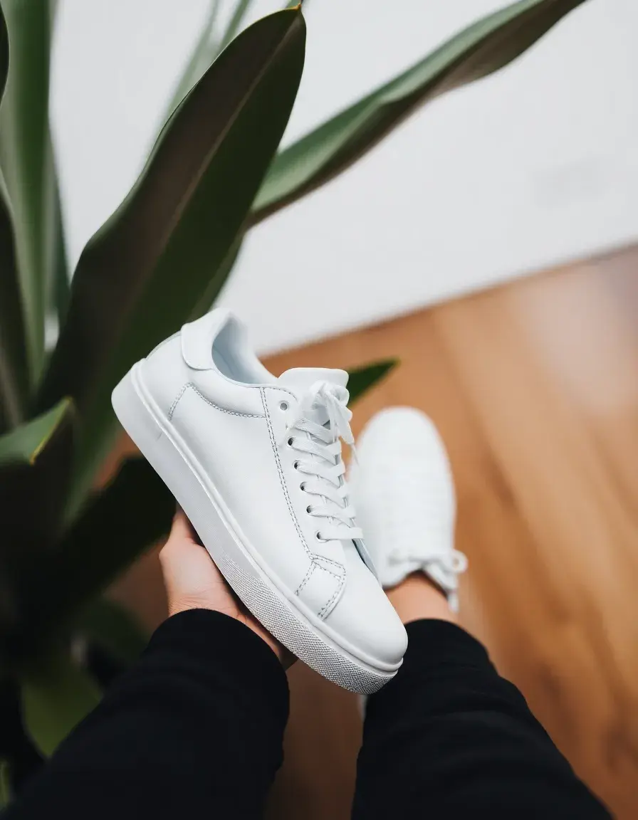 Clean white leather sneakers on a minimalist background