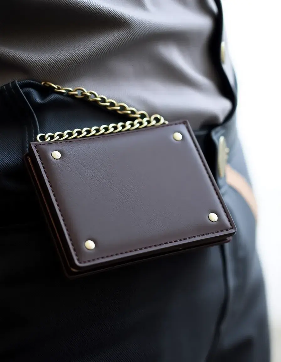 Chain attached mens leather wallet for rugged use
