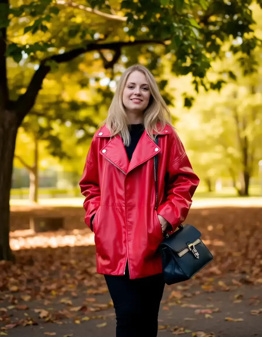 Red oversized leather jacket