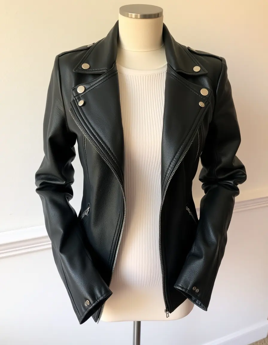 Women's black leather jacket fitted silhouette
