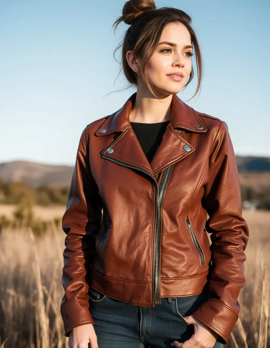 Women's brown leather jacket vintage style