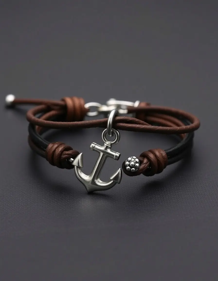 Anchor charm leather bracelet for men