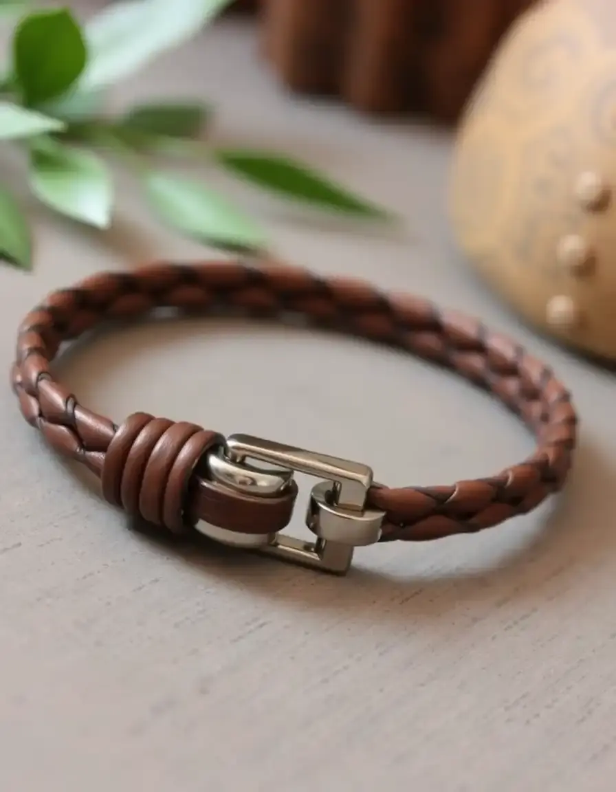 Leather bracelet with magnetic stainless steel clasp