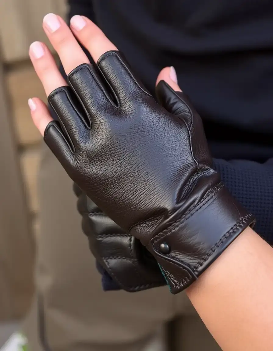 Black fingerless leather gloves with knuckle cutouts
