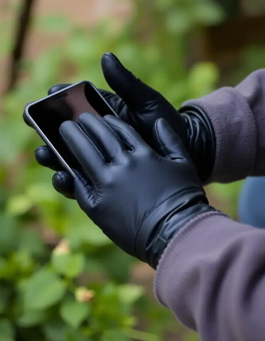 Touchscreen compatible leather gloves being used on a phone
