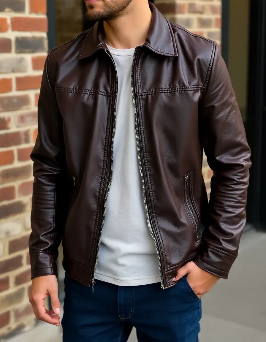 Men's classic leather jacket in black with silver zippers