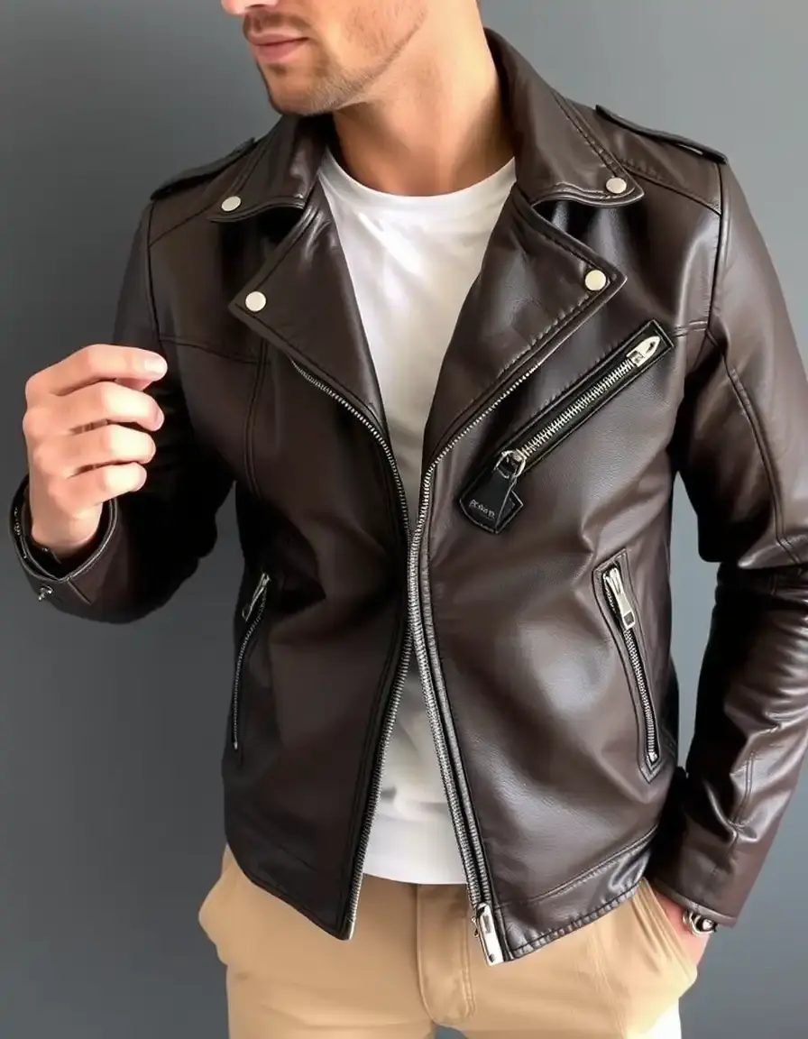 Sleek modern cut leather jacket in dark brown
