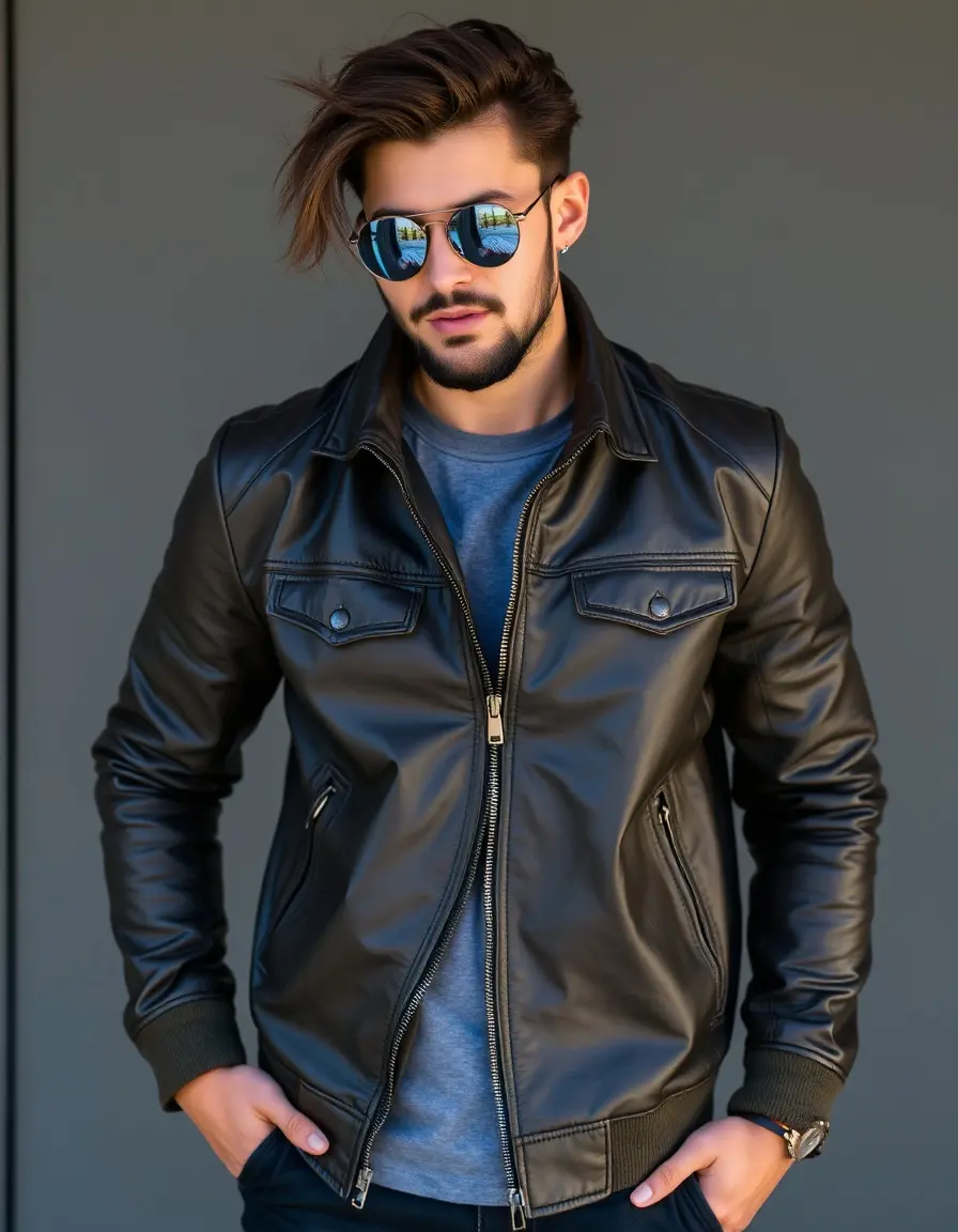 Casual men's leather jacket with ribbed cuffs