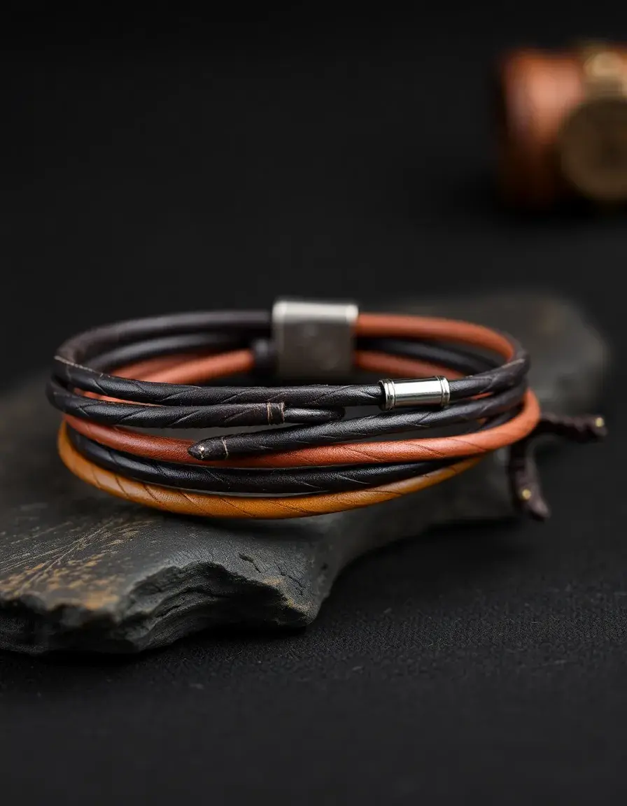 Multi strand mens leather bracelet with magnetic clasp