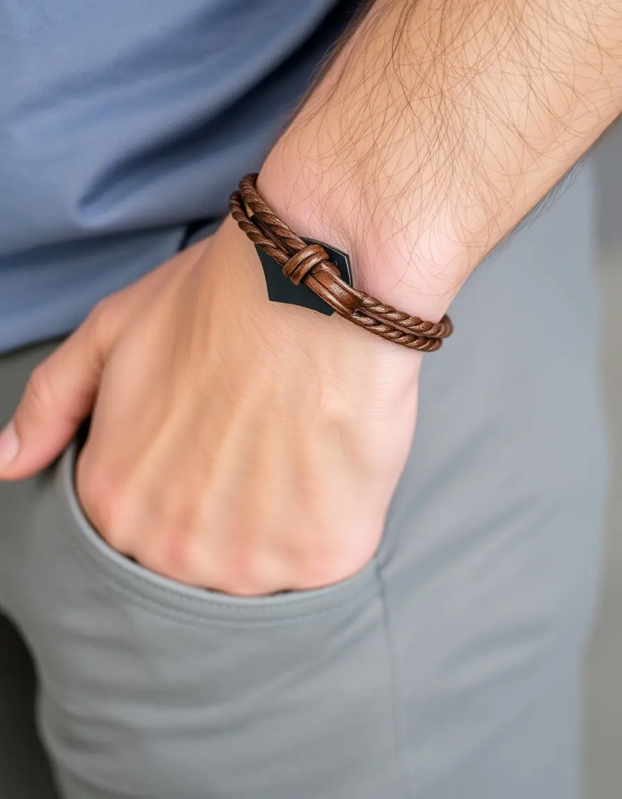 Rope style mens leather bracelet with braided texture