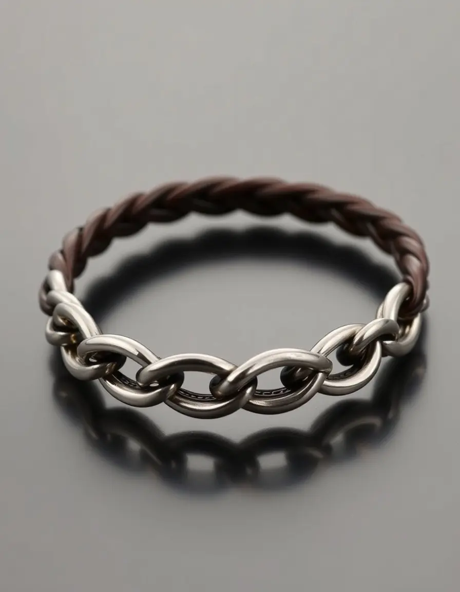 Chain linked mens leather bracelet with steel accents