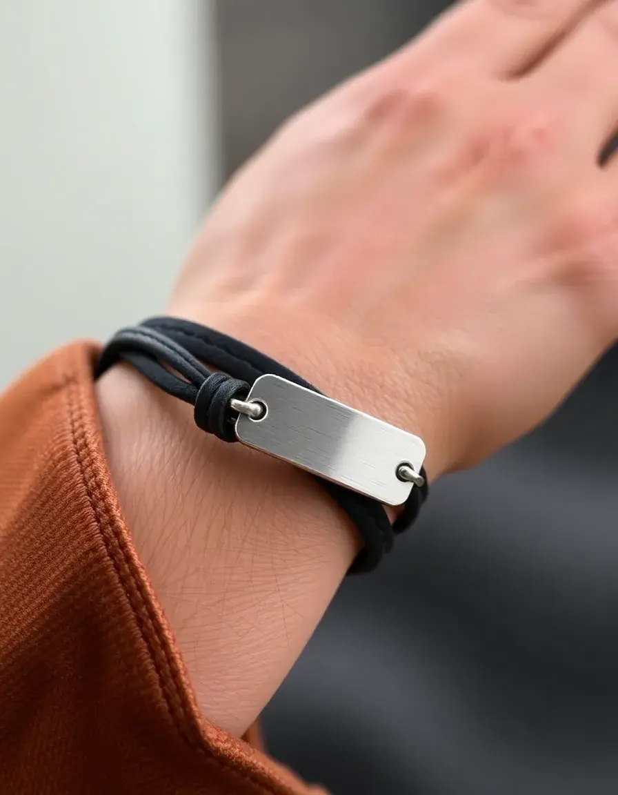 ID plate mens leather bracelet for engraving