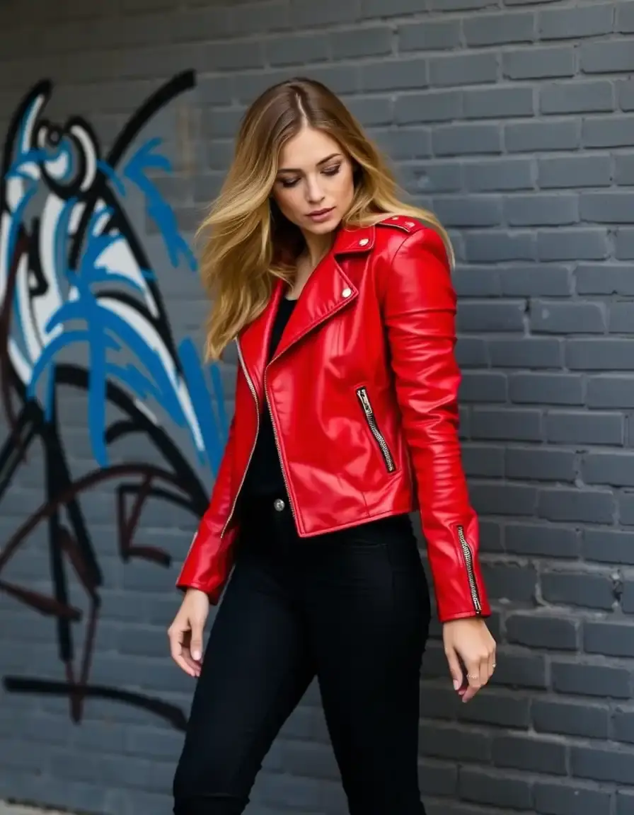 Vibrant bright red leather jacket showing smooth finish