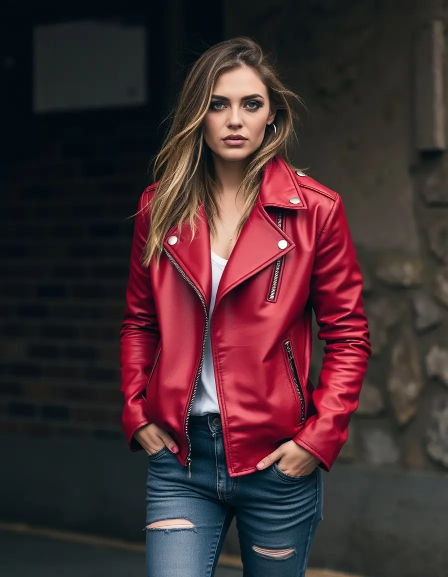 Matte finish red leather jacket with subtle texture